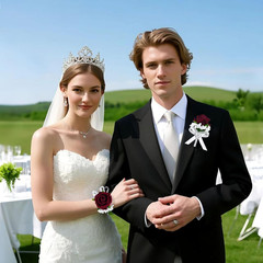 2Pcs Burgundy Rose Corsage and Boutonniere Set, Artificial Wrist Corsage Wristle