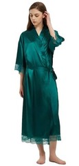 Women’s Satin Robe Long Silk Kimono Bathrobe Lace XX-Large-3X-Large Dark Green