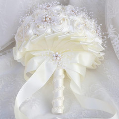 Ivory Handmade Bridal Bouquet with Rhinestones & Satin Roses – 8.7 In