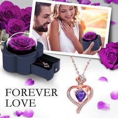 Preserved Rose with Heart Necklace Eternal Flower Gift for ONE ROSE, Purple