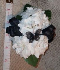 NEW 5″ Artificial White Rose Wrist Corsage W/Black Butterfly Black Sparkly Bow