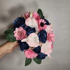 Pink Navy Blue Rose Calla Lily Real Touch Bridal Wedding Bouquet Accessories