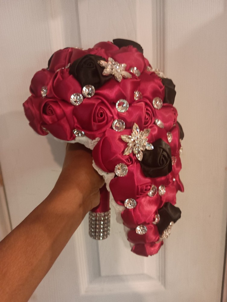 Red & Black Satin Rose Bridal Bouquet, Cascade With Silver Rhinestones