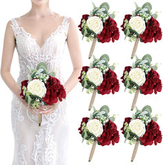 Burgundy & Peach Pink Artificial Bridesmaid Bouquets Set of 6 for Weddings