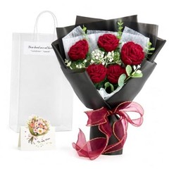 Crochet Flower Bouquet, Red Handmade Knitted Flowers,Crochet Flower Black&Red