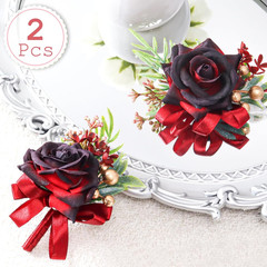 2 Pcs Wine Red Rose Wrist Corsage and Boutonniere Set, Rose Corsage Hand for Wom