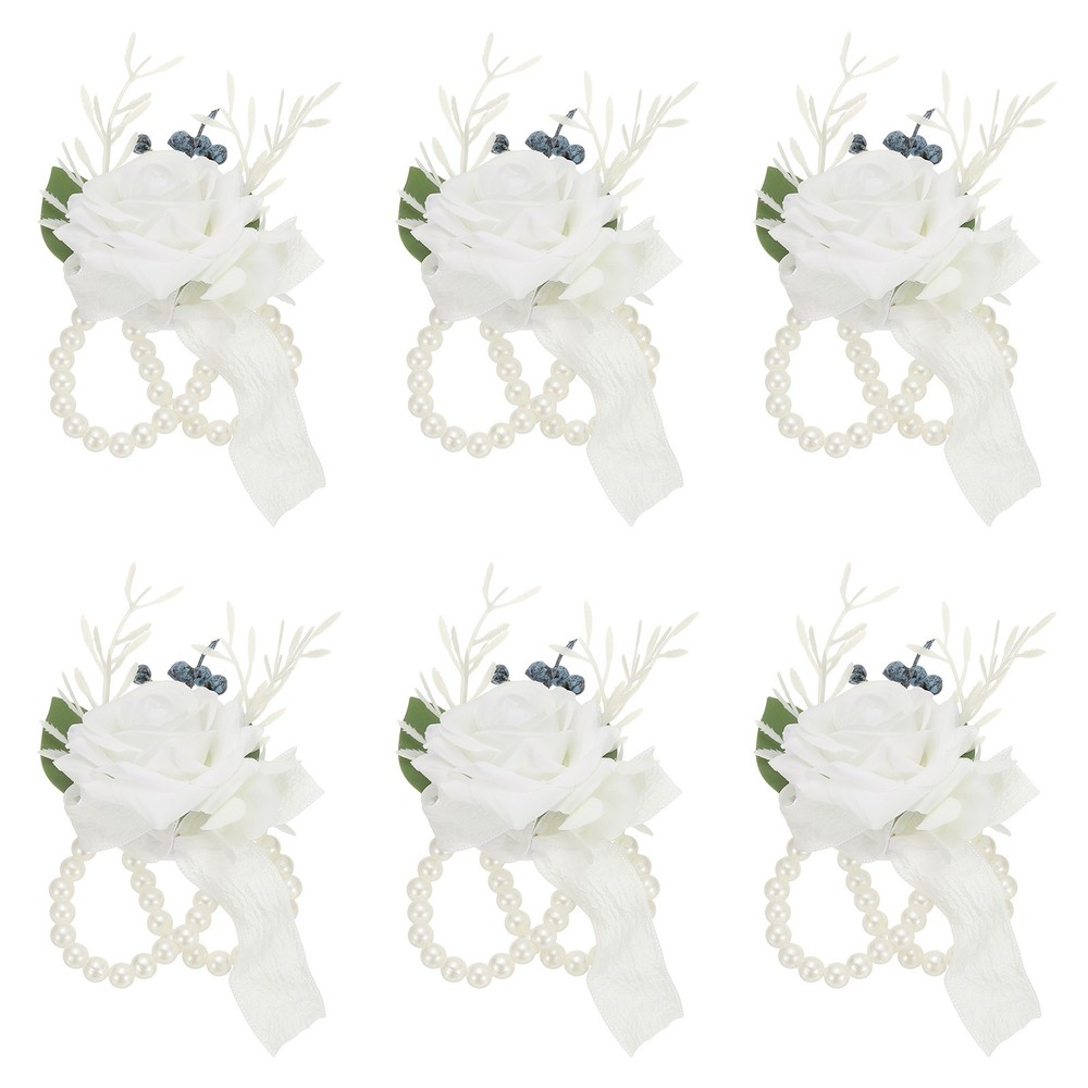 6 Pcs Homecoming Wedding Wrist Corsage Prom Party Artificial Flower White