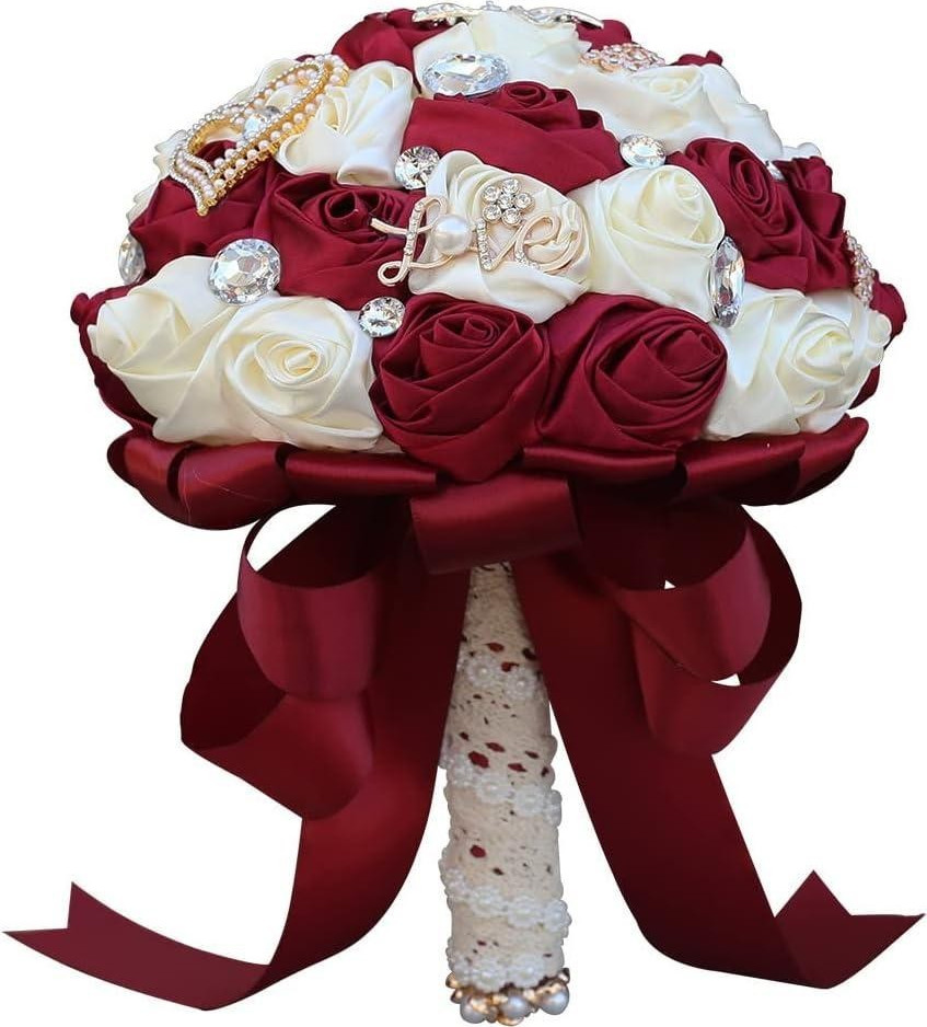 Sharebeauty 5.9 Inch Handmade Bridal Bouquet Burgundy Ivory Rose Wedding