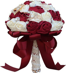 Sharebeauty 5.9 Inch Handmade Bridal Bouquet Burgundy Ivory Rose Wedding