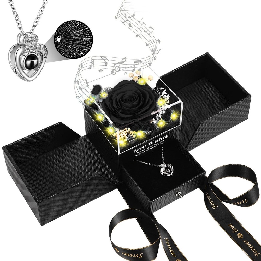 Gifts for Her – Preserved Real Rose with Necklace I Love You in Black