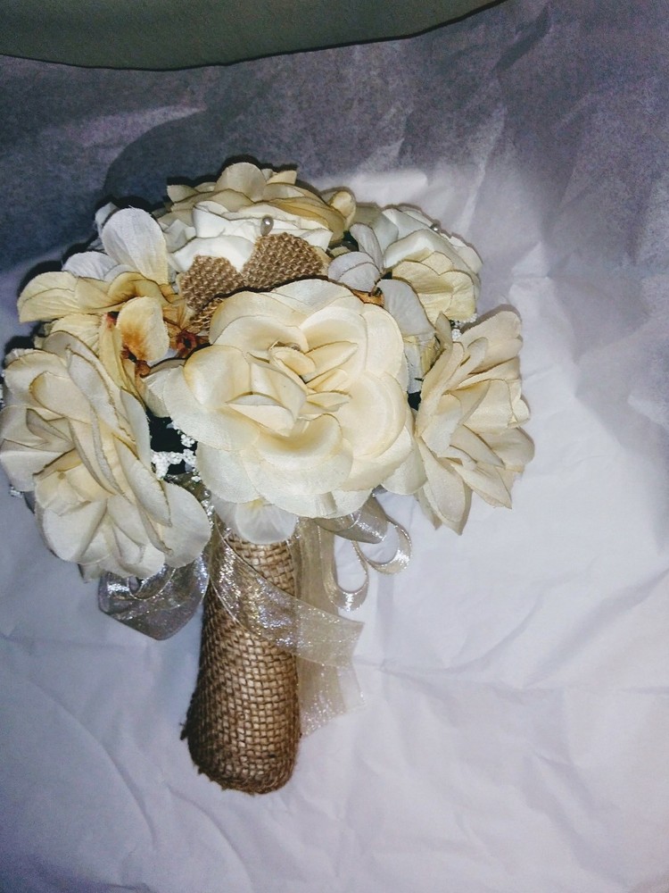 LARGE WEDDING BOUQUET CHAMPAGNE IVORY & BURLAP ANY COLOR​ & RUSH AVAIL