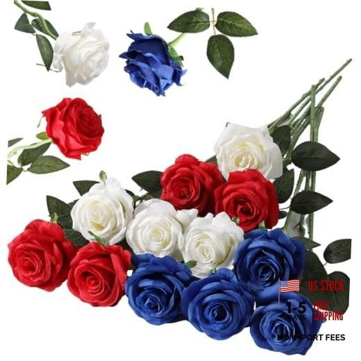 12PCS Artificial Silk Flowers Realistic Roses 12Pcs Flowers Red, White, Blue