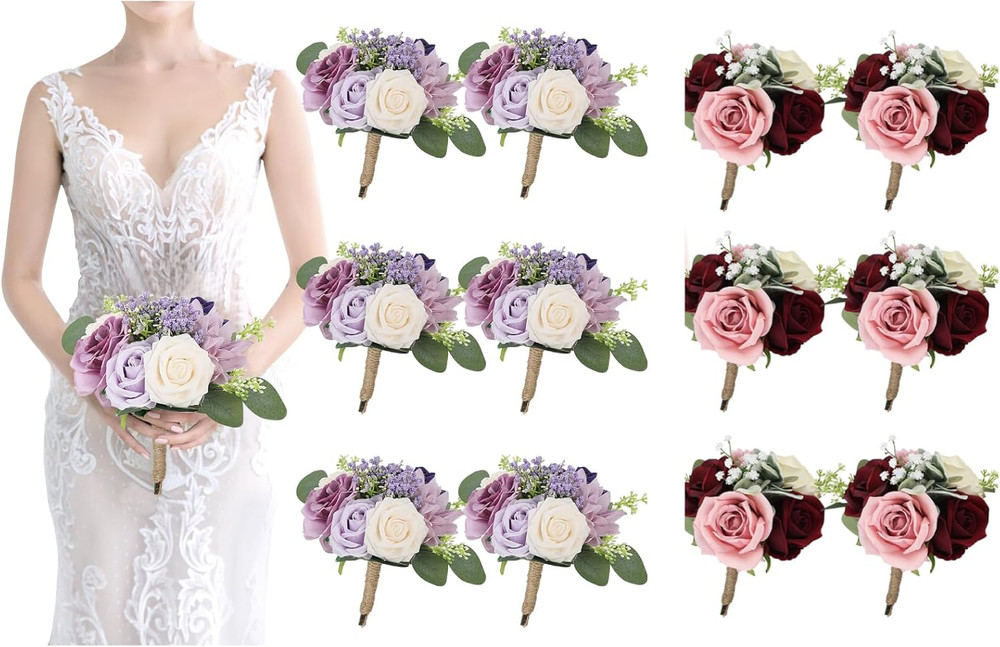 Lilac & Blush Burgundy Bridesmaid Bouquets Set of 6 for Wedding 2024