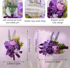 Wrist Corsage and Boutonniere Set, 1 Set Small Rose Purple Hand Flower for Prom