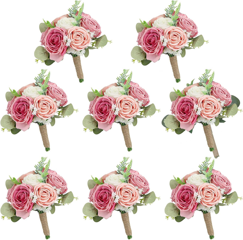 Elegant Set of 8 Pink & White Bridesmaid Bouquets for Weddings