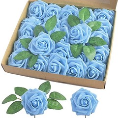 Artificial Rose, 25pcs Foam Artificial Flowers with Stem for Home Aqua Blue