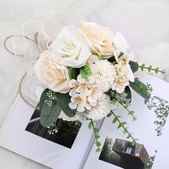 9.5In Wedding Bouquets for Bride Bridesmaid, Champagne Roses White Artificial Fl