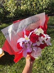 Handmade Soap Flower Bouquet Red Roses & Lavender Gift Set w/ Light & Bag