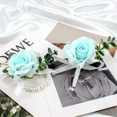 Blue Corsage & Boutonniere Set – Wristlet for Prom, Wedding Flowers, Party Decor
