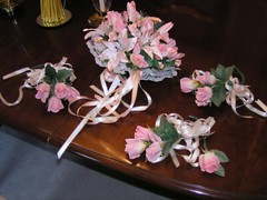 5Pc Wedding Pkg 12″ Bride Bouquet Silk Peach Roses & Lilies 3 Bridesmaid 1groom