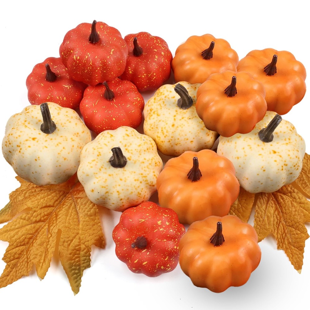 LZNPA 16PCS Artificial Mini Fake Pumpkins Set with 16 Pcs Fall Pumpkin