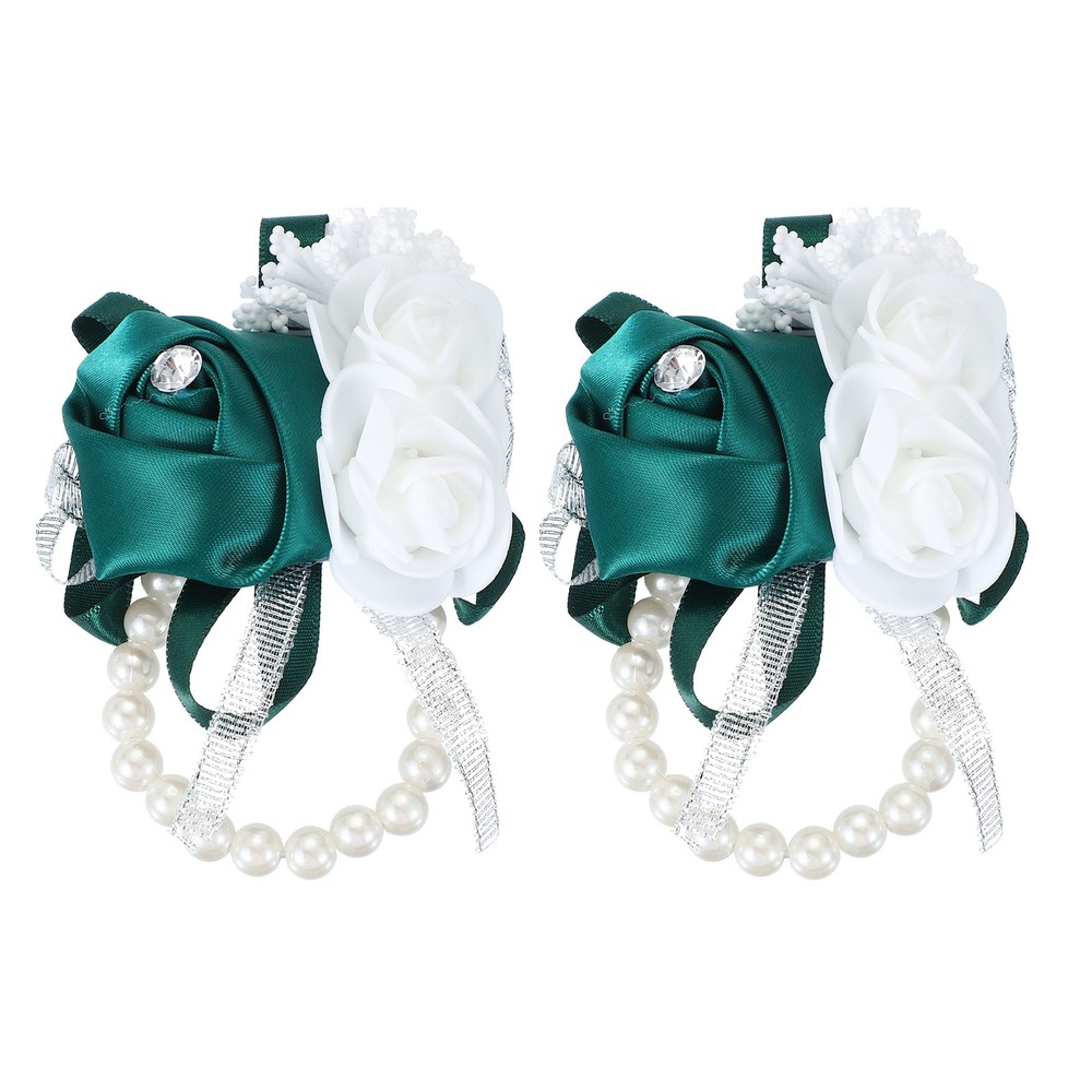 2 Pcs Wrist Corsage Bracelets Silk Rose Pearls Wedding Bridesmaid Dark Green