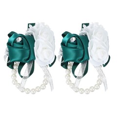 2 Pcs Wrist Corsage Bracelets Silk Rose Pearls Wedding Bridesmaid Dark Green