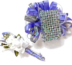 Lavender & White SILK Flower Wrist Corsage & Boutonniere Set. Prom, wedding