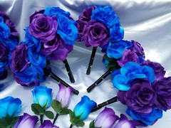22 PC Wedding Bouquet Package, Purple & Blue & Black, Cascading Wedding Bouquet
