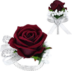 2Pcs Burgundy Rose Corsage and Boutonniere Set, Artificial Wrist Corsage Wristle