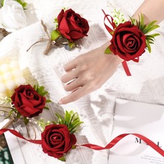 Aoriher 4 Pcs Wedding Party Corsage and Boutonniere Set, 2 Rose Wrist Corsage…