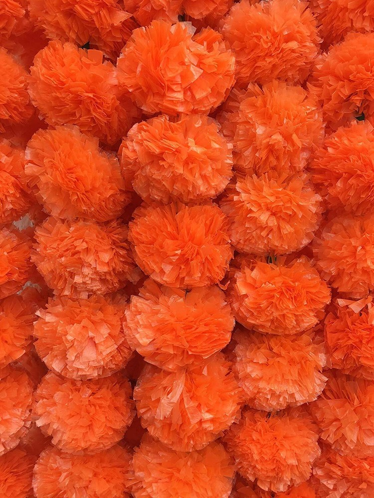Artificial Orange Hanging Flowers Marigold Fluffy Garland Decoration (Pack Of 6)