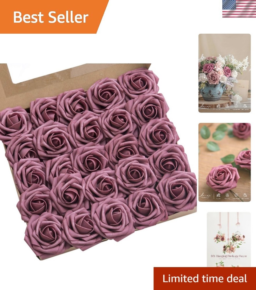 Artificial Flowers 25Pcs Mauve Roses Decor w/Stems,3″ Real Touch DIY Foam Flo…