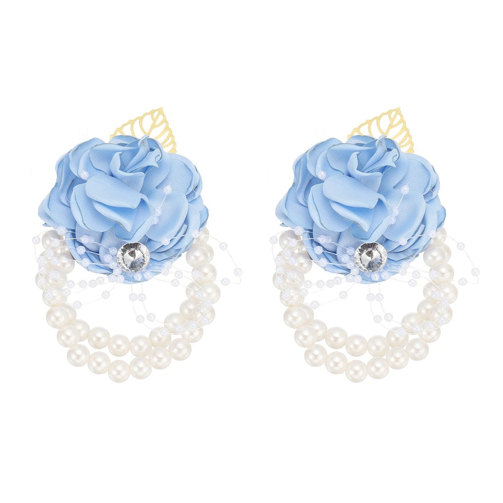 2Pcs, Rose Bridesmaid Wrist Flower Artificial Bride Wrist Light Blue
