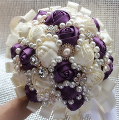 Handmade Luxury Rose Silk Pearls Rhinestone Brooch Wedding Bridal Bouquet Ivory