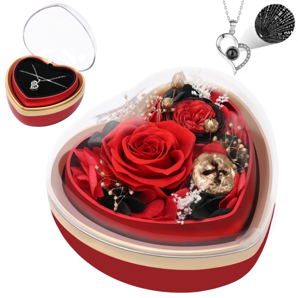 Casaido Preserved Real Rose with I Love You Necklace in Heart Box, Red