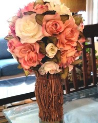 Rose Flower Bouquet Victorian Antique Style Rustic Wood Twig Vase Handcrafted