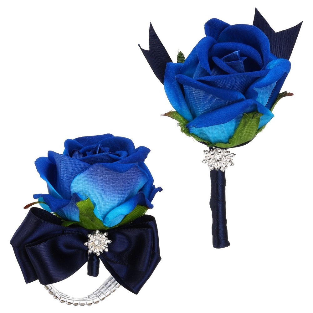 2Pcs Wrist Corsage Boutonnieres Set with Navy Blue Ribbon, Blue