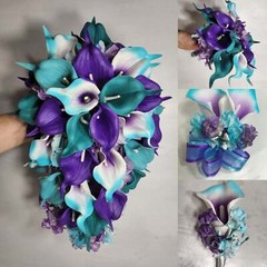 Purple Teal White Calla Lily Bridal Wedding Bouquet Accessories