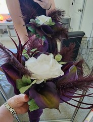 Bridal Bouquet Purple Cala Lilies and Feathers and White FlowersWhite