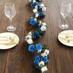 2 WHITE ROYAL BLUE 8 ft long Silk Mini Rose Wedding Garland Leaves Bendable