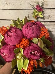 wedding bouquet bridal artificial silk flowers, Mauve, orange and green.