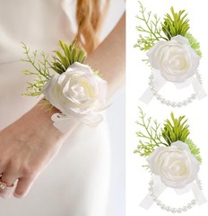 2pcs Wedding White Rose Wrist Flowers Artificial Rose Flowers for Ceremony Pr…