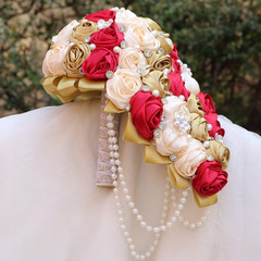 Elegant Satin Rose Bridal Bouquet – Gold, Apricot & Ruby Red, 17.3″ x 8.7