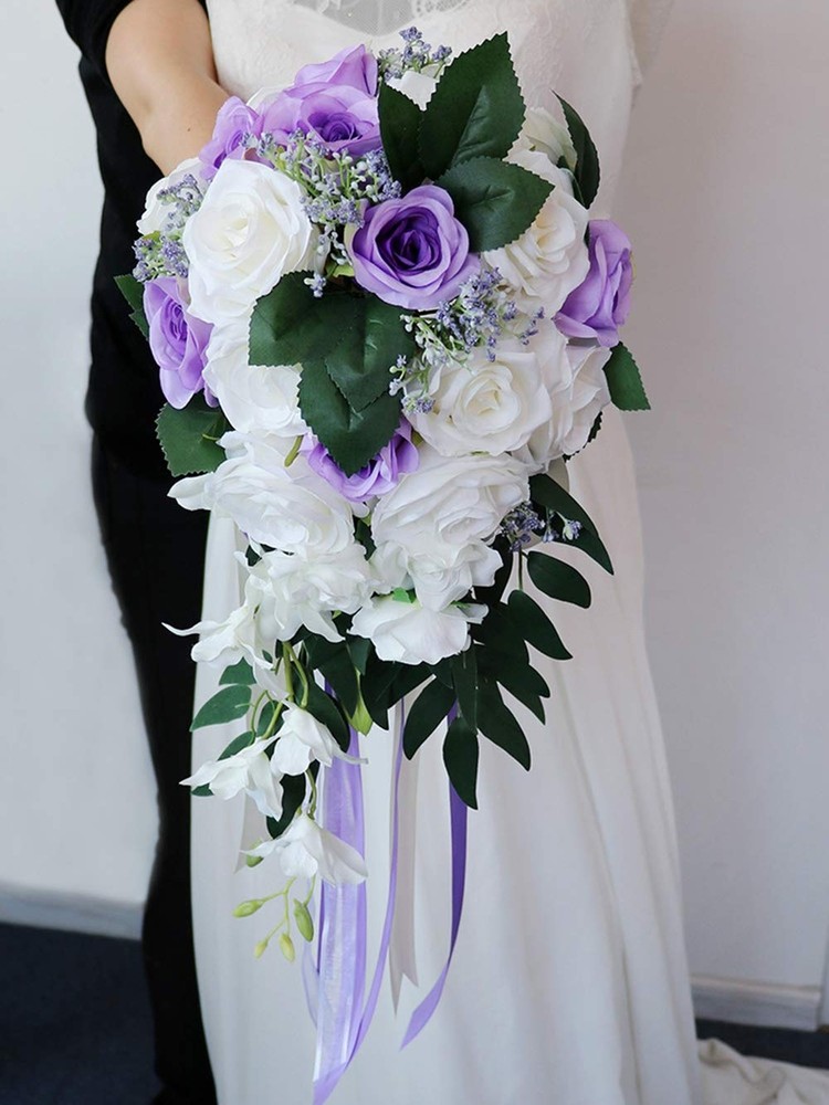 Wedding Bridal Bouquet Artificial Rose Flowers with Ribbons Waterfall Flowers…