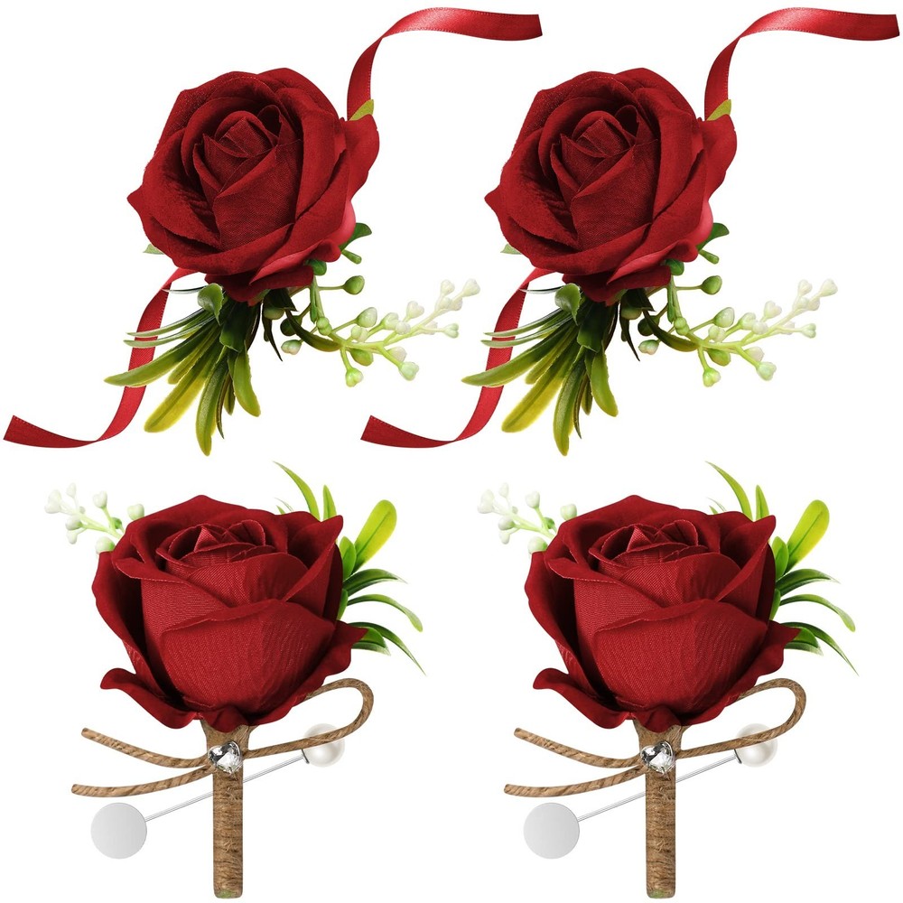 Aoriher 4 Pcs Wedding Party Corsage and Boutonniere Set, 2 Rose Wrist Corsage…