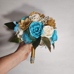 Turquoise Ivory Gold Rose Sola Wood Bridal Wedding Bouquet Accessories