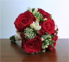 Silk Flower BRIDAL BOUQUET Red Rose and White Freesia, Boutonniere Included
