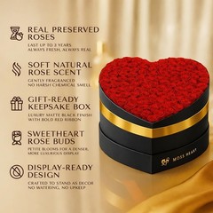 Moss Heart 100 Petite Preserved Roses, Large Shaped Box, 100 Red