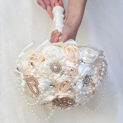 Ivory and Champagne Bridal Wedding Bouquet with Rhinestone Brooch Pearl Strin…